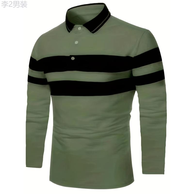 Casual Men's All-match Color Block Long Sleeve Lapel Golf Shirt, Spring Fall Sports Fabric Menswear