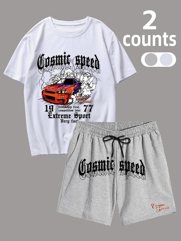 2 Piece Set Men's Regular Fit Letter Print Tee & Drawstring Shorts Set, Crew Neck Short Sleeve T-Shirt & Track Shorts, Casual Top & Sweat Shorts, Summer Men Clothes Set for Outdoor