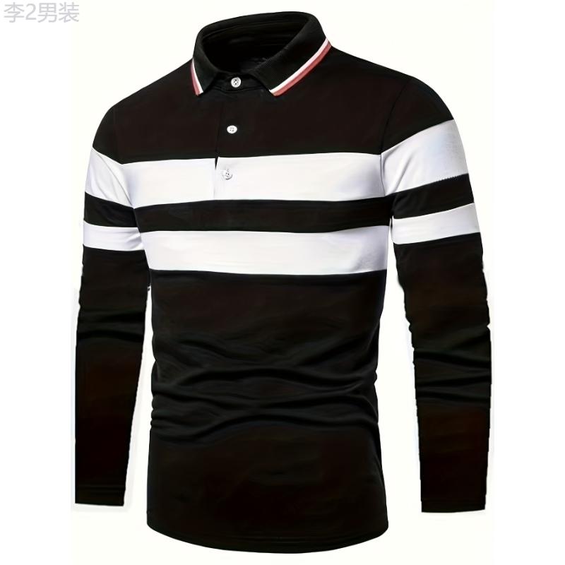 Casual Men's All-match Color Block Long Sleeve Lapel Golf Shirt, Spring Fall Sports Fabric Menswear