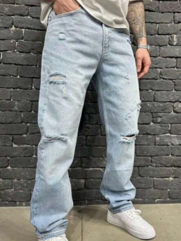 Men's Distressed Relaxed Fit Washed Light Color Plain Straight Leg Jeans VIRAL Streetwear Pants Trouser Stylish Menswear Casual