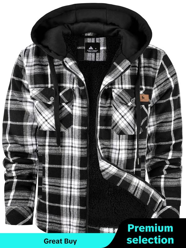 Men's Regular Fit Plaid Print Patched Drawstring Zip Up Hooded Jacket, Casual Long Sleeve Pocket Thermal Lined  Outerwear for Fall & Winter, Men's Clothes for Daily Wear Patchwork Zip Up Menswear Coats