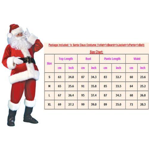 Christmas Santa Claus Party Cosplay Costume, Red Santa Zipper Coat+Pants+Hat+Belt+Beard+Shoes, Multiple sizes, Holiday Party Outfits