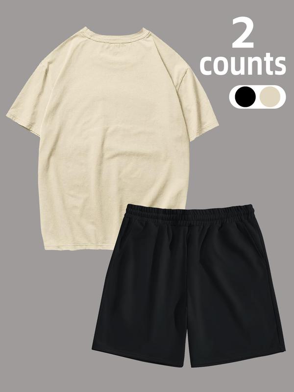 2 Piece Set Men's Regular Fit Letter Print Tee & Drawstring Shorts Set, Crew Neck Short Sleeve T-Shirt & Track Shorts, Casual Top & Sweat Shorts, Summer Men Clothes Set for Outdoor