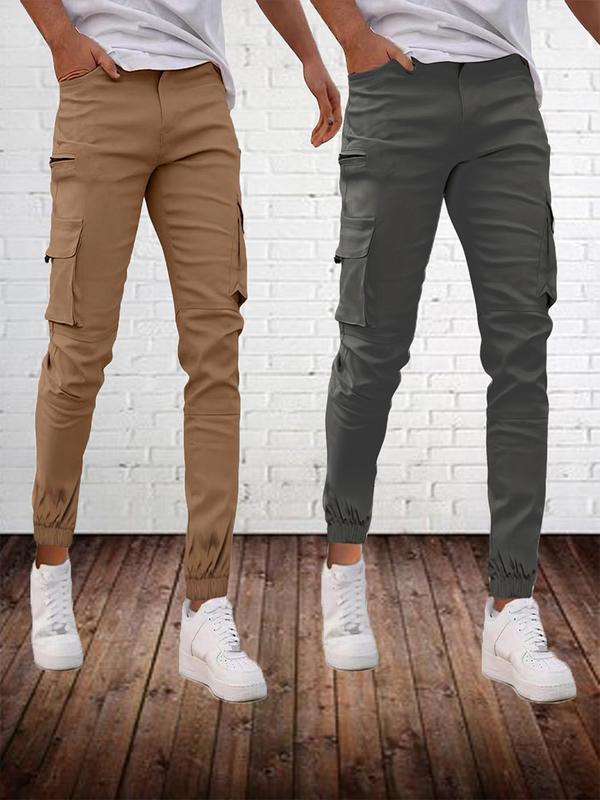 Men's Solid Flap Pocket Cargo Pants, Slim Casual Street Elastic Waist Trousers for Fall & Winter, Pants for Men, Men's Bottoms for Daily Wear