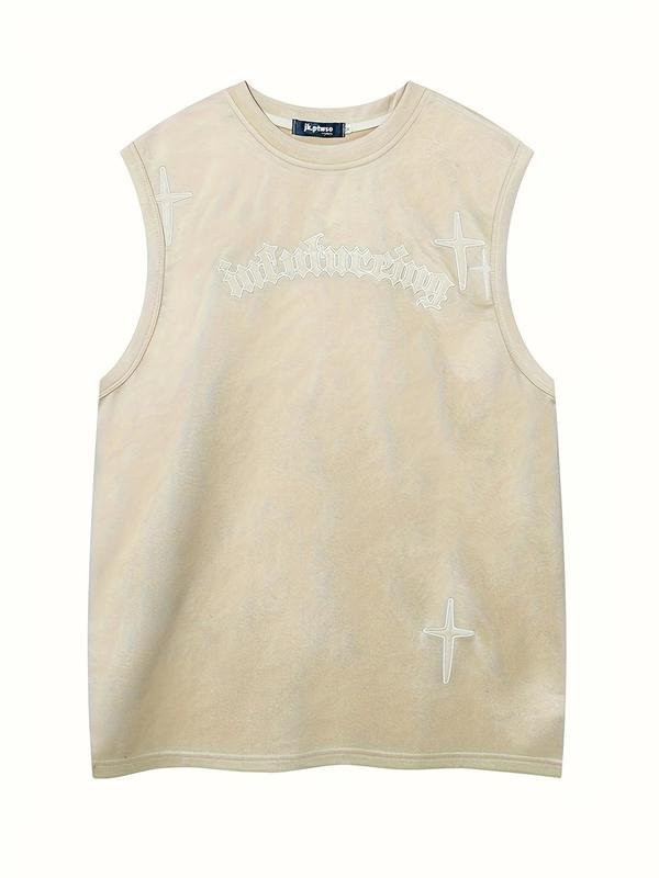 Men's Cross Letter Patched Round Neck Tank Top, Regular Fit Casual Sleeveless Graphic Tee for Summer, Fashion Men's Top for Daily Wear