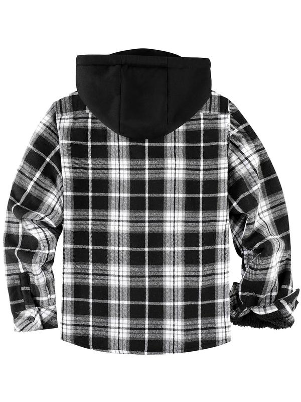 Men's Regular Fit Plaid Print Patched Drawstring Zip Up Hooded Jacket, Casual Long Sleeve Pocket Thermal Lined  Outerwear for Fall & Winter, Men's Clothes for Daily Wear Patchwork Zip Up Menswear Coats