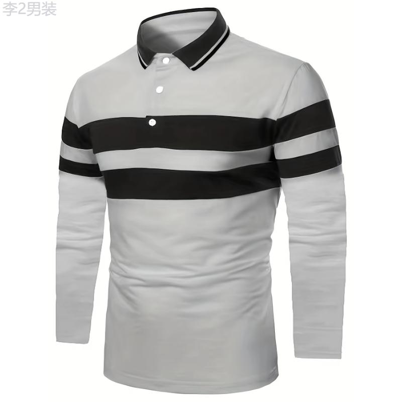 Casual Men's All-match Color Block Long Sleeve Lapel Golf Shirt, Spring Fall Sports Fabric Menswear