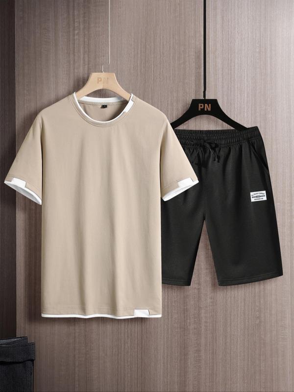 Two-Piece Set Men's Contrast Binding Letter Patched Shorts Set, Casual Streetwear Short Sleeve Round Neck Tee & Drawstring Pocket Shorts, Outfit Sets for Men, Fashion Summer Clothes