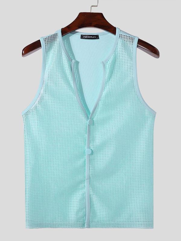 Men's Solid Color Mesh Vest, Regular Fit Casual Sleeveless Button Front Tank Top for Summer, Men's Clothes for Daily Wear