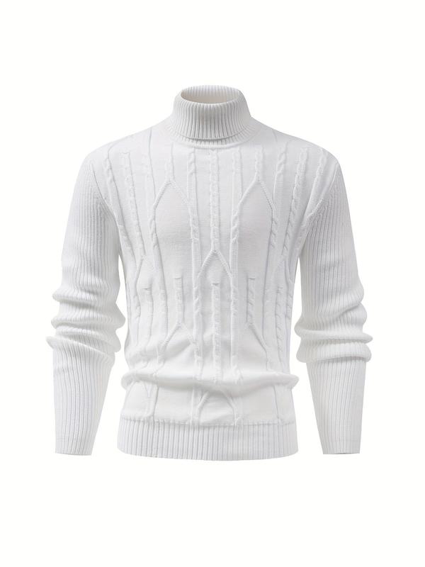 Men's Solid High Neck Cable Knit Sweater, Casual Long Sleeve Jumper for Fall & Winter, Men's Knitwear for Daily Wear