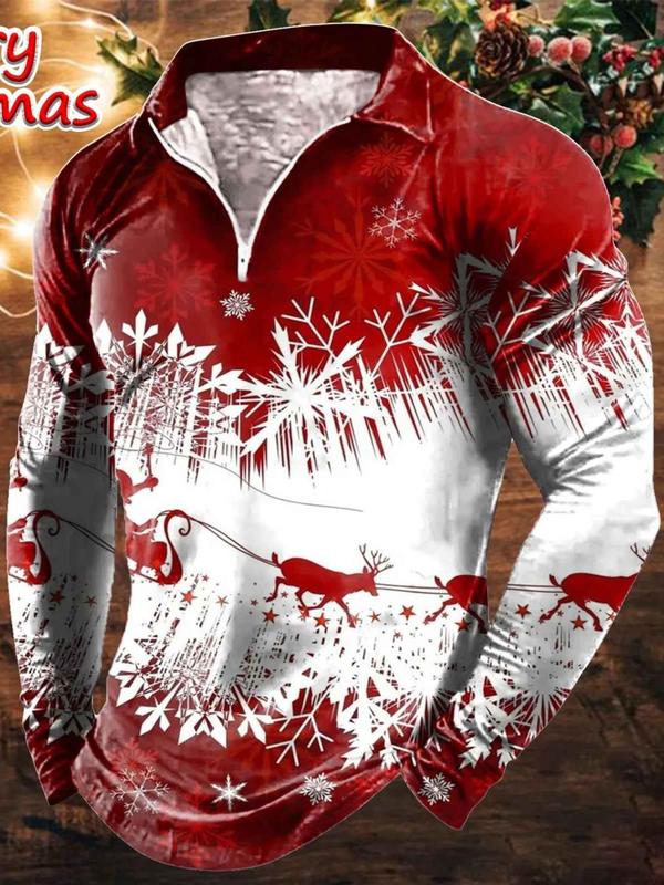 Men's Christmas Print Polo Shirt, Regular Fit Casual Long Sleeve Top for Spring & Fall, Men's Clothes for Daily Wear