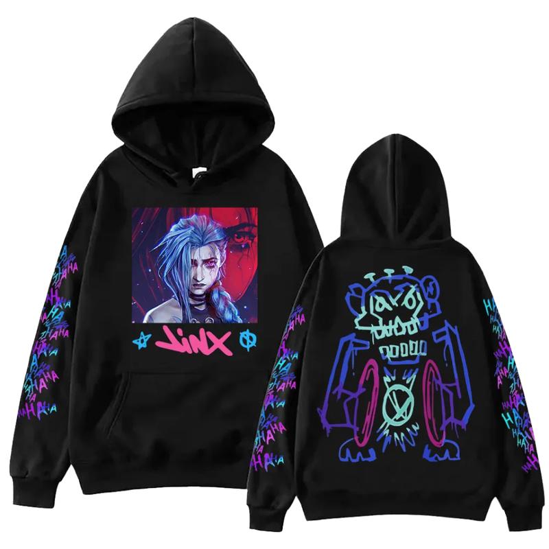 Arcane Jinx Portrait Robot Sketch Art Style Sleeve Print Streetwear Casua Hoodie