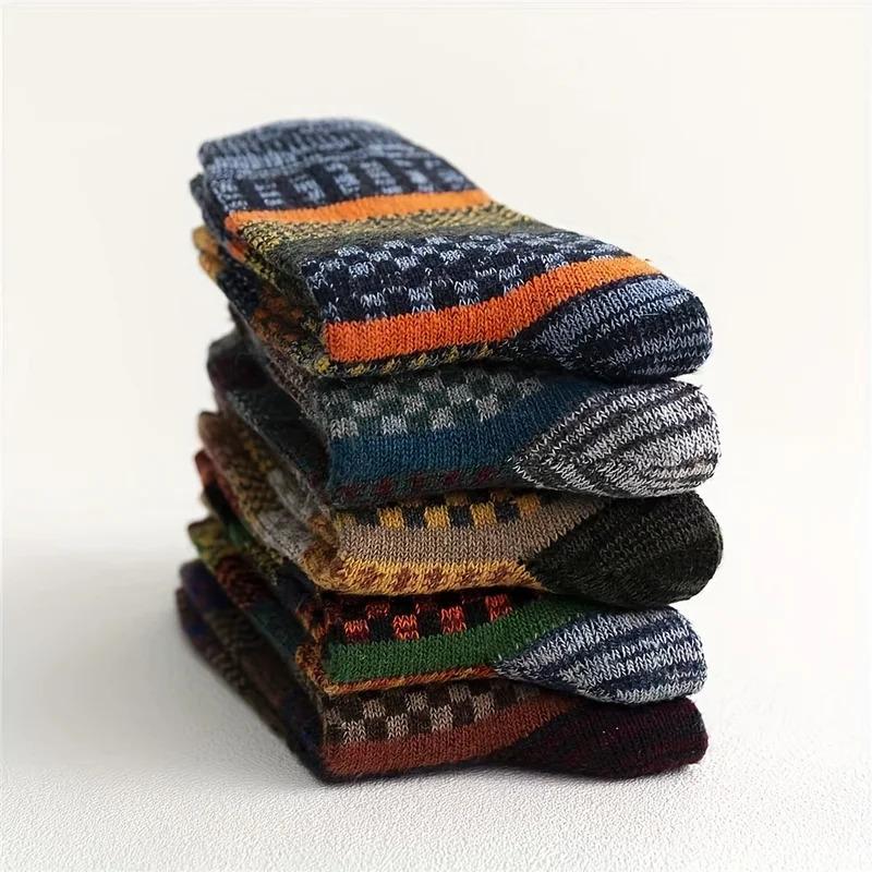 5pairs Unisex Ethnic Style Vintage Thick Wool Warm Crew Men Socks Soft Ultra-Comfortable High Quality Breathable Women's Sock Menswear