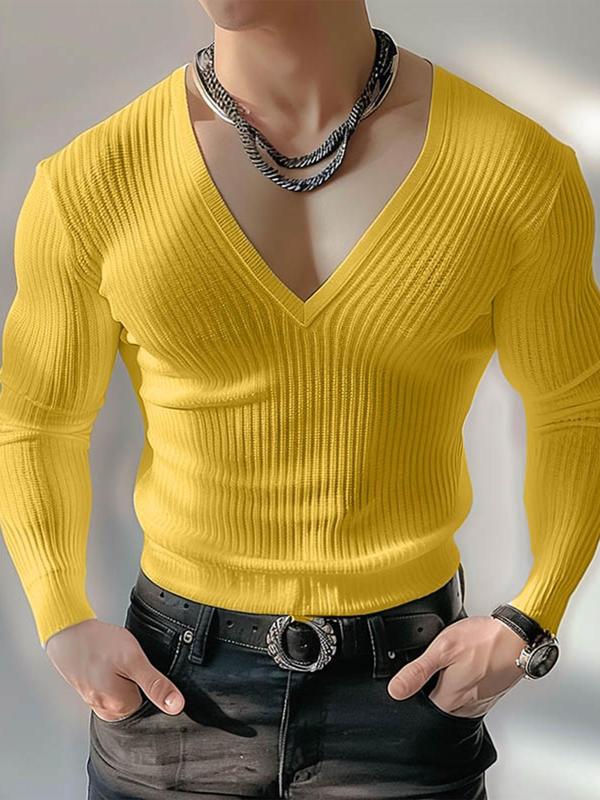 Men's Solid Drop Shoulder V Neck Knit Top, Fall Sweaters, Casual Comfy Long Sleeve Knitwear for Fall & Winter, Men's Knit Clothing for Daily Wear