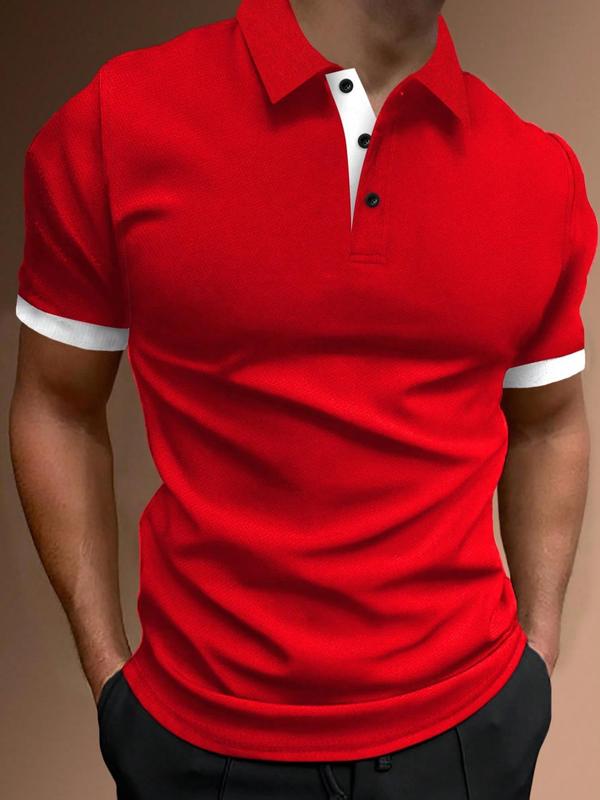 Men's Contrast Binding Short Sleeve Polo Shirt, Casual Regular Fit Button Front Top for Summer, Summer Clothes, Shirts for Men, Menswear for Daily Wear