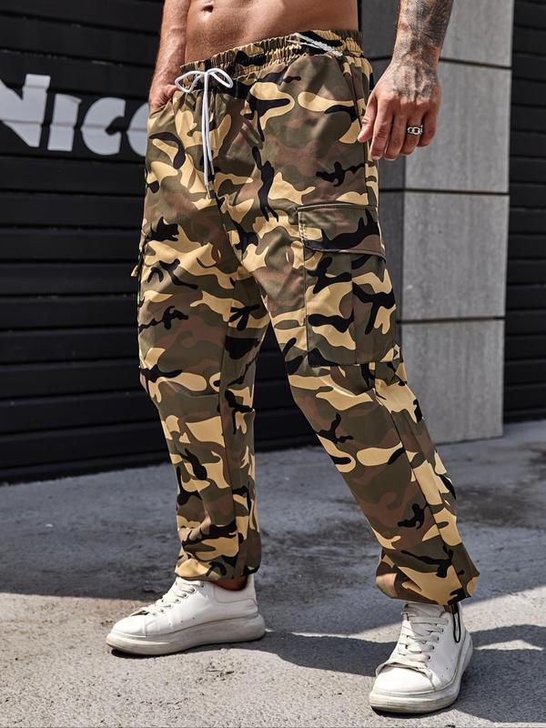 Men's Plus Size Camo Print Drawstring Waist Cargo Pants for Spring, Casual Fashion Comfy Pocket Trousers for Daily Wear, Men's Plus Size Bottoms for Spring & Fall