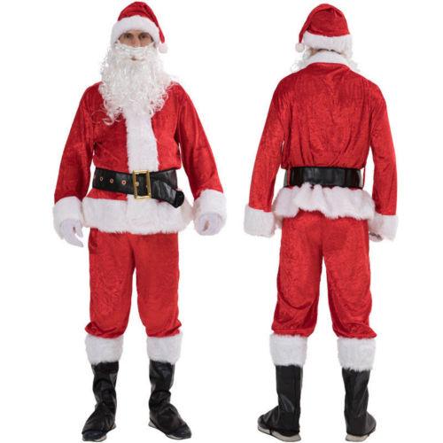 Christmas Santa Claus Party Cosplay Costume, Red Santa Zipper Coat+Pants+Hat+Belt+Beard+Shoes, Multiple sizes, Holiday Party Outfits