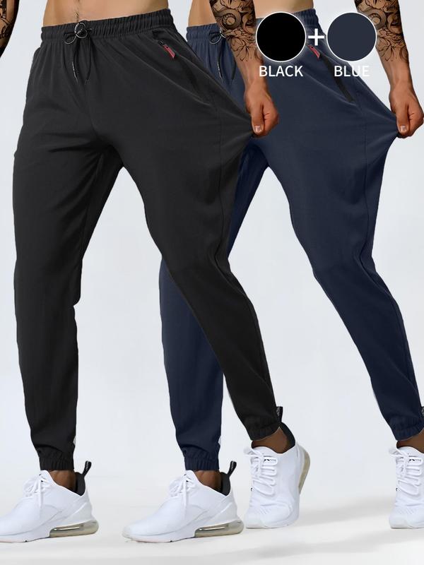 Men's Solid Drawstring Waist Pants, Casual Comfy Zipper Pocket Trousers for Daily Wear, Men's Bottoms for All Seasons