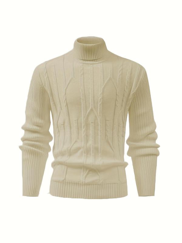 Men's Solid High Neck Cable Knit Sweater, Casual Long Sleeve Jumper for Fall & Winter, Men's Knitwear for Daily Wear