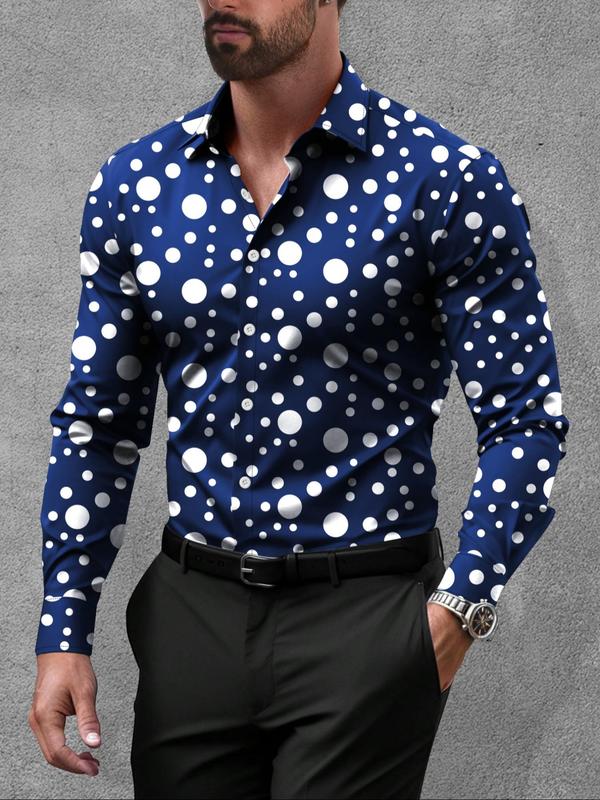 Men's Polka Dot Print Button Front Shirt, Regular Fit Casual Long Sleeve Collared Top for Spring & Fall, Men's Clothes for Daily Wear