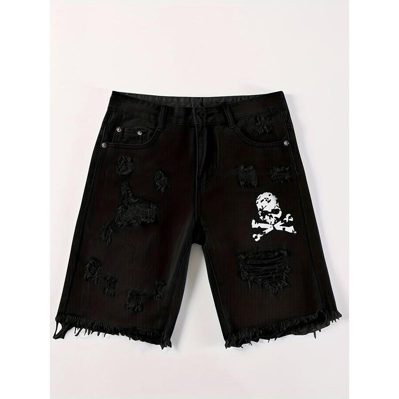 New-Stylish Skull Graphic Ripped Denim Shorts - Men's Casual Cotton Blend Jorts with Pockets for Summer Outdoor Activities, Comfortable and Breathable Menswear Jeans Polyester Print