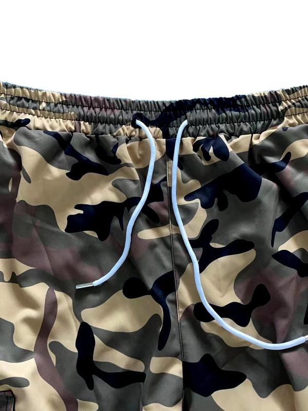 Men's Plus Size Camo Print Drawstring Waist Cargo Pants for Spring, Casual Fashion Comfy Pocket Trousers for Daily Wear, Men's Plus Size Bottoms for Spring & Fall