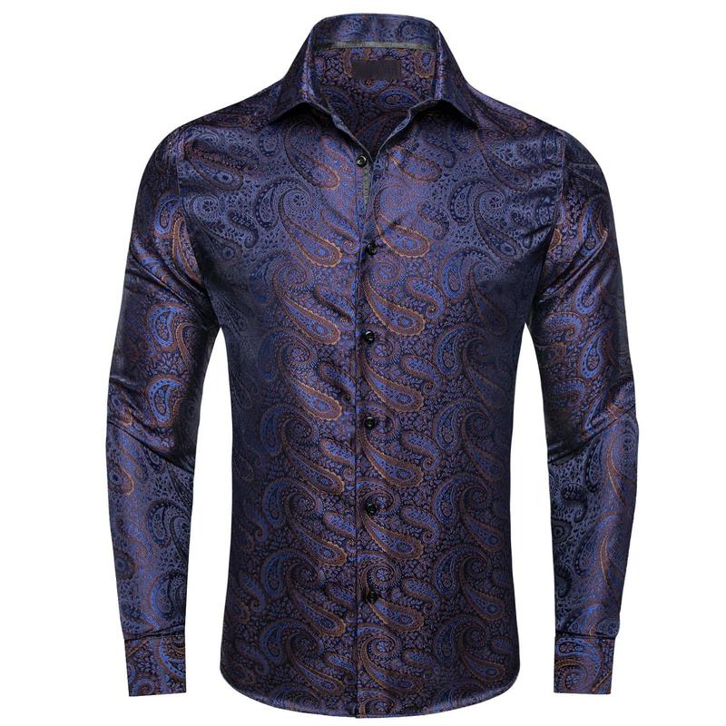 Mens Long Sleeve Deep Blue Brown Jacquard Paisley Top Collar Casual