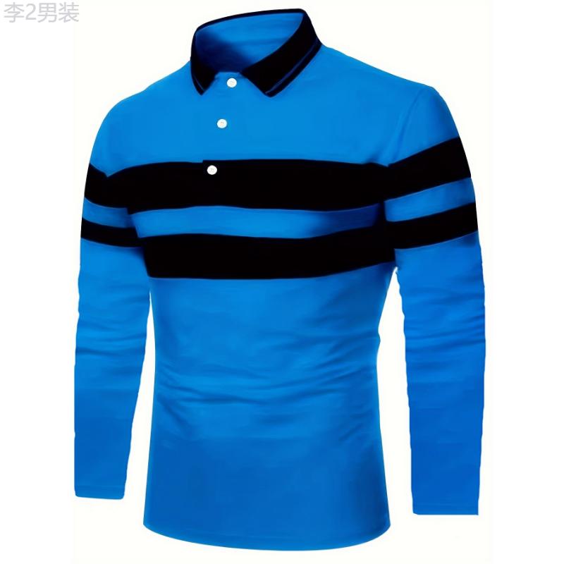 Casual Men's All-match Color Block Long Sleeve Lapel Golf Shirt, Spring Fall Sports Fabric Menswear