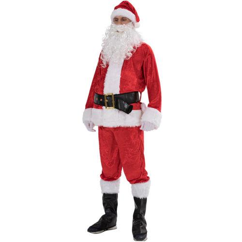 Christmas Santa Claus Party Cosplay Costume, Red Santa Zipper Coat+Pants+Hat+Belt+Beard+Shoes, Multiple sizes, Holiday Party Outfits