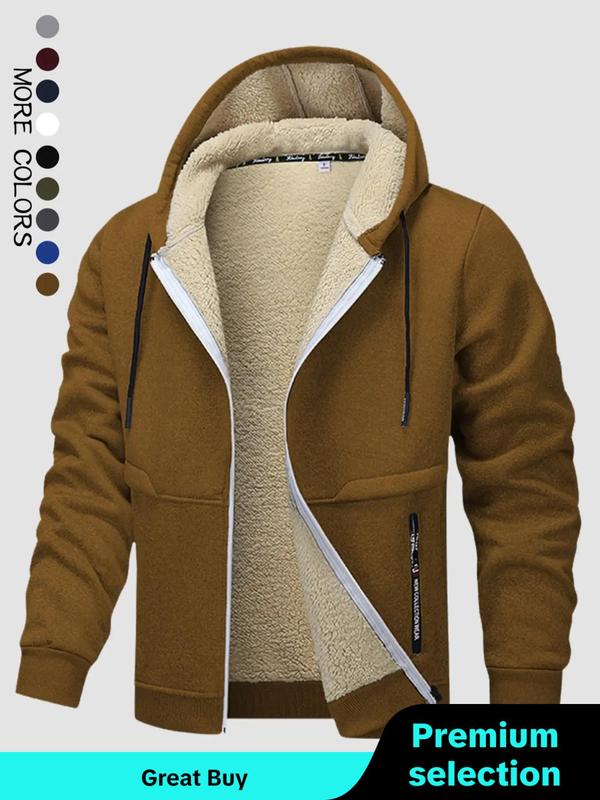 Men's Thermal Lined Zip Up Hooded Jacket, Fall Outfits, Regular Fit Casual Long Sleeve Drawstring Pocket Zipper Outerwear for Fall, Jackets for Men 2024, Men's Clothes for Daily Wear