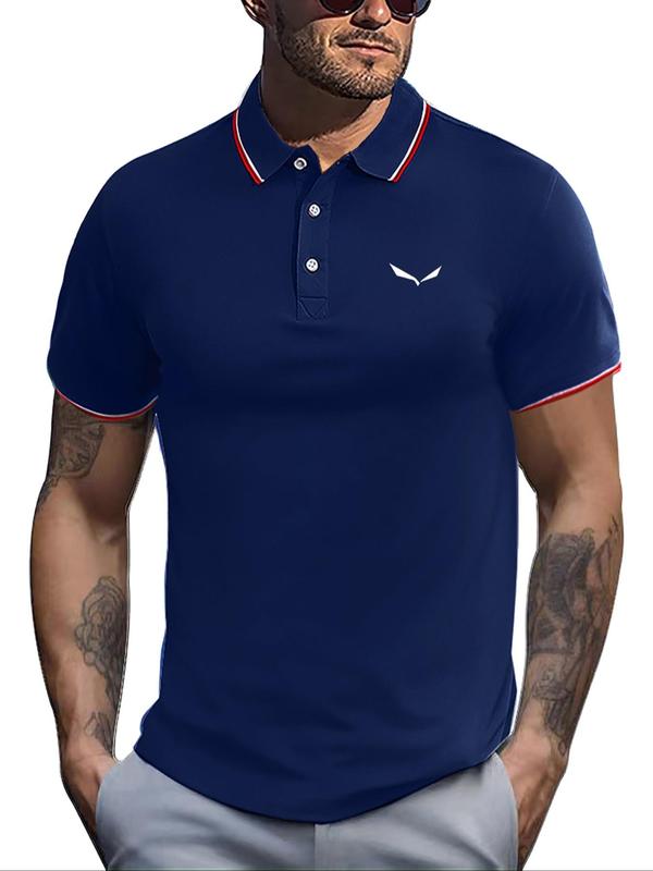 Men's Bird Print Contrast Binding Polo Shirt, Regular Fit Casual Short Sleeve Button Front Top for Summer, Fashion Men's Clothes for Daily Wear