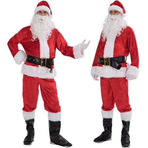 Christmas Santa Claus Party Cosplay Costume, Red Santa Zipper Coat+Pants+Hat+Belt+Beard+Shoes, Multiple sizes, Holiday Party Outfits