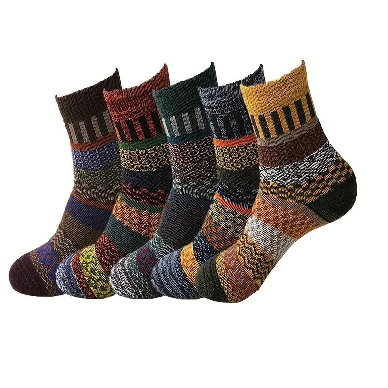 5pairs Unisex Ethnic Style Vintage Thick Wool Warm Crew Men Socks Soft Ultra-Comfortable High Quality Breathable Women's Sock Menswear