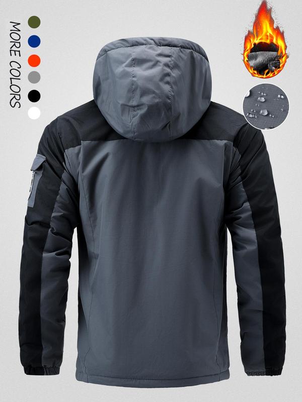 Men's Regular Fit Solid Pocket Drawstring Hooded Fleece Jacket, Casual Long Sleeve Zip Up Outerwear for Winter, Fashion Men's Clothes for Outdoor Activities