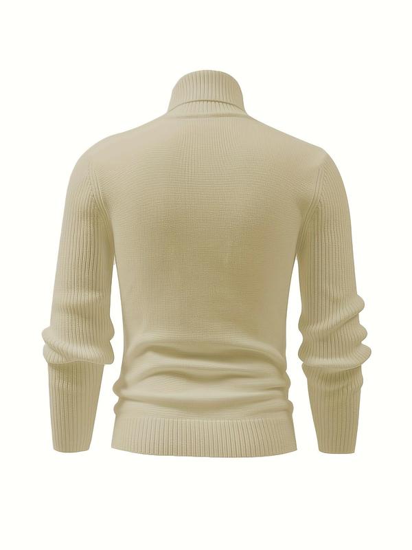 Men's Solid High Neck Cable Knit Sweater, Casual Long Sleeve Jumper for Fall & Winter, Men's Knitwear for Daily Wear