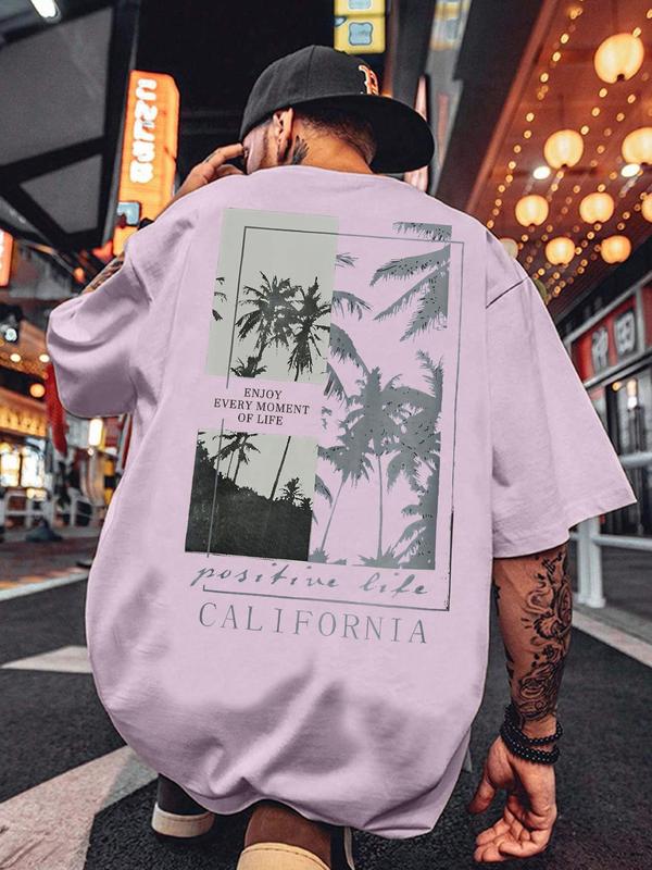 Men's Back To School Short Sleeve Round Neck Graphic Tee, Summer Clothes, Regular Fit Coconut Tree Print Crew Neck T-shirt for Men, Graphic Tees for Men, Summer Tops, Summer Outfits 2024, Men's T Shirts, Casual Comfy Men's Top for Summer