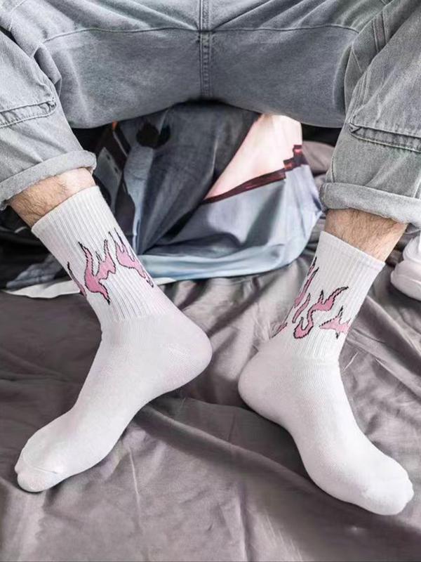 Men's Fire Print Crew Socks, Casual Comfortable Breathable Mid-calf Socks for Daily Wear, Menswear for All Seasons