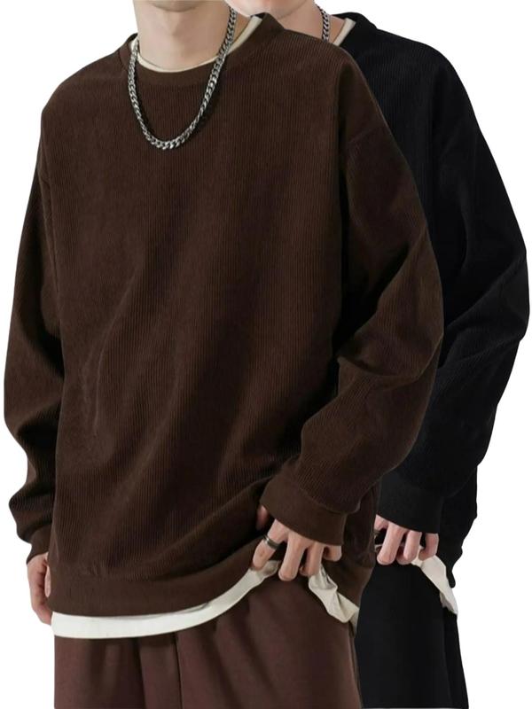 Men's Simple Stylish Solid Drop Shoulder Long Sleeve Crewneck Corduroy Sweatshirt, Trendy Soft Preppy Regular Fit Round Neck Loose Pullover Tops, Men's Fall Streetwear Clothes, Fall Outfits, Fallfreshness, 80s Preppy Style