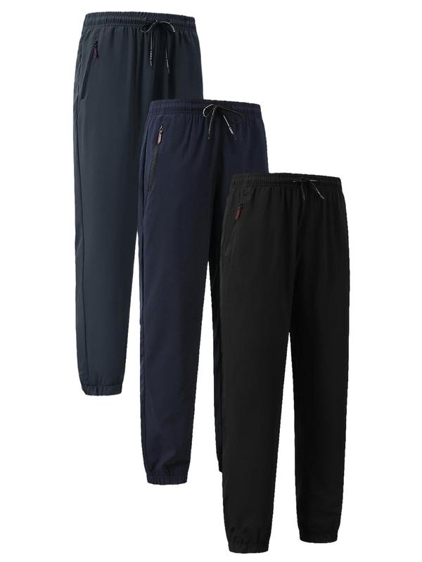 Men's Solid Drawstring Waist Pants, Casual Comfy Zipper Pocket Trousers for Daily Wear, Men's Bottoms for All Seasons