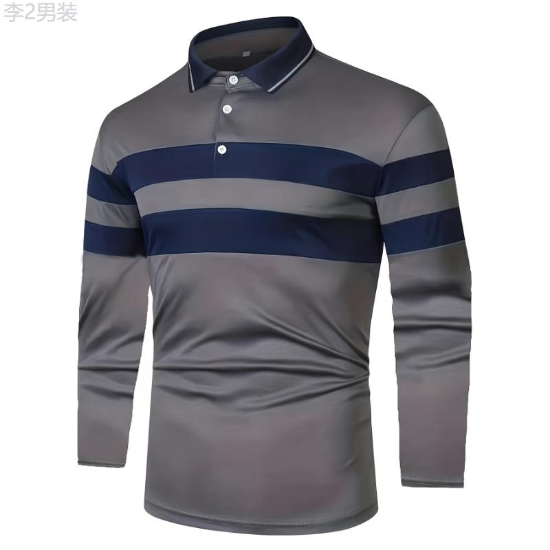 Casual Men's All-match Color Block Long Sleeve Lapel Golf Shirt, Spring Fall Sports Fabric Menswear