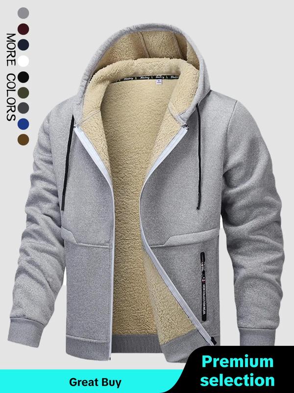 Men's Thermal Lined Zip Up Hooded Jacket, Fall Outfits, Regular Fit Casual Long Sleeve Drawstring Pocket Zipper Outerwear for Fall, Jackets for Men 2024, Men's Clothes for Daily Wear