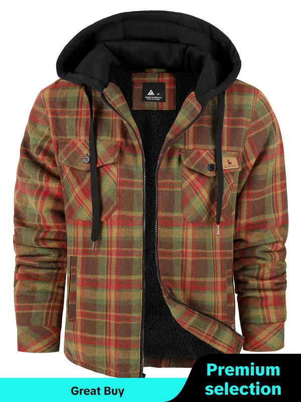 Men's Regular Fit Plaid Print Patched Drawstring Zip Up Hooded Jacket, Casual Long Sleeve Pocket Thermal Lined  Outerwear for Fall & Winter, Men's Clothes for Daily Wear Patchwork Zip Up Menswear Coats