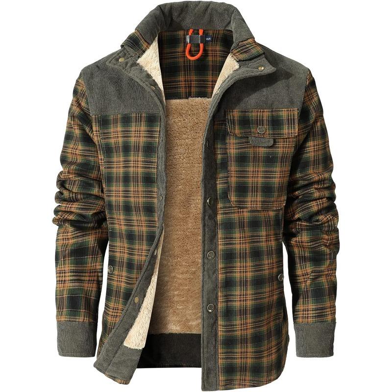 Men's Corduroy Plaid Sherpa Lined Flannel Shirt Jacket Fleece Coat Menswear Tops