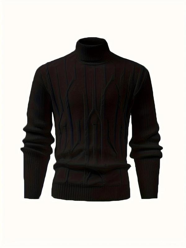 Men's Solid High Neck Cable Knit Sweater, Casual Long Sleeve Jumper for Fall & Winter, Men's Knitwear for Daily Wear