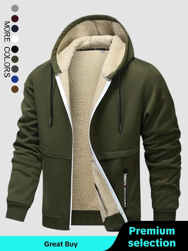 Men's Thermal Lined Zip Up Hooded Jacket, Fall Outfits, Regular Fit Casual Long Sleeve Drawstring Pocket Zipper Outerwear for Fall, Jackets for Men 2024, Men's Clothes for Daily Wear