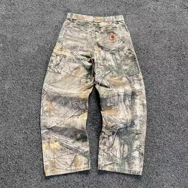 Cross-border washed tree branch camouflage pants men's American high street distressed wide-leg overalls loose straight casual pants