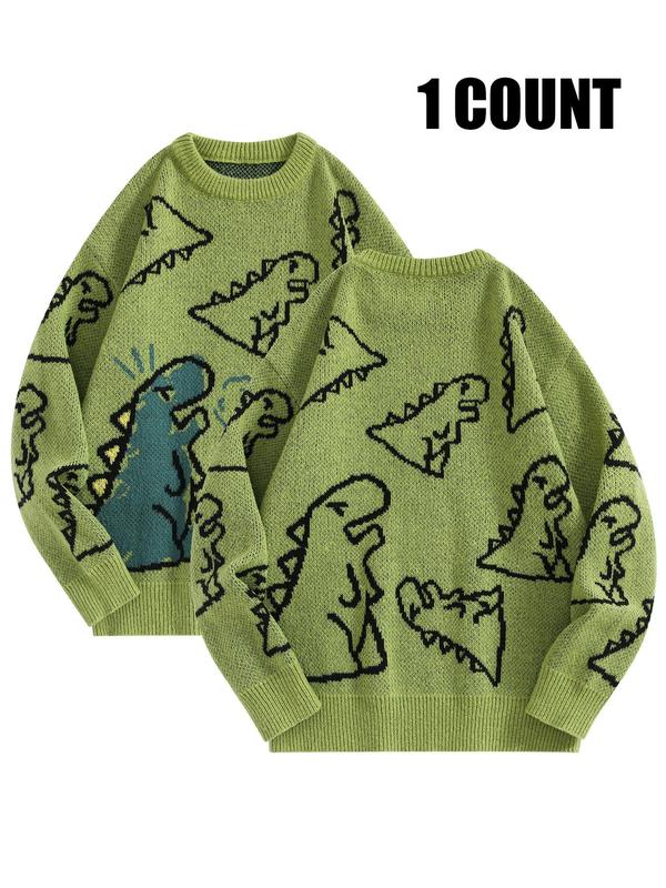 Men's Cartoon Dinosaur Print Drop Shoulder Sweater, Regular Fit Casual Long Sleeve Round Neck Jumper for Fall & Winter, Fashion Men's Knitwear for Daily Wear, Fall Sweaters, Sweaters for Men