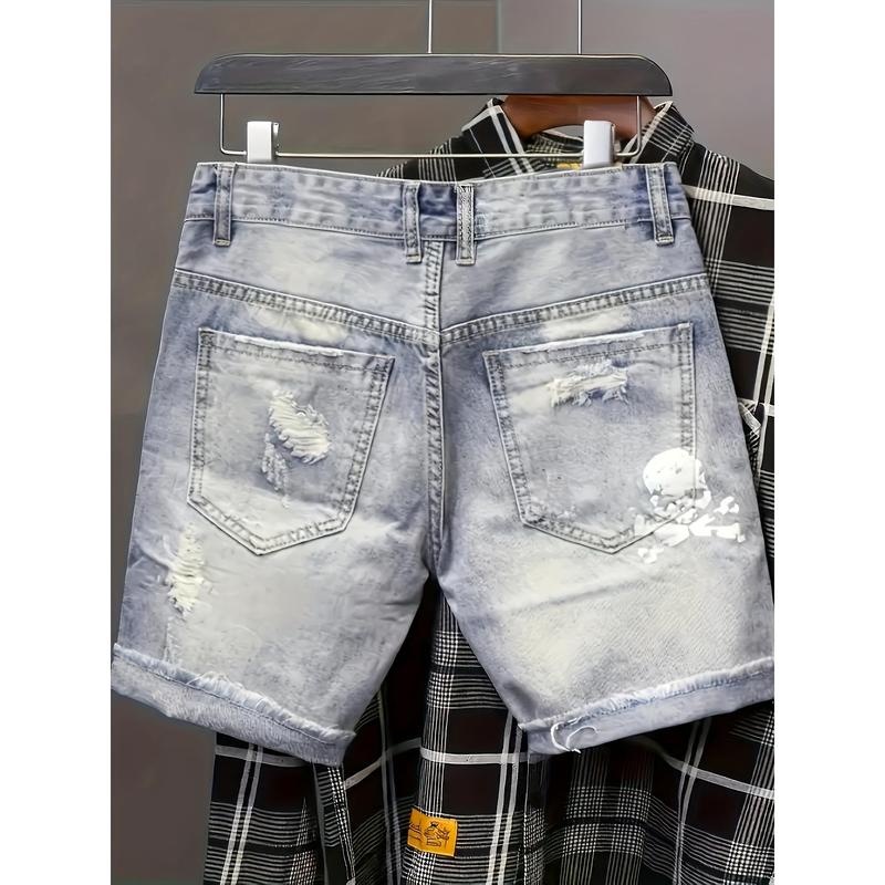 New-Stylish Skull Graphic Ripped Denim Shorts - Men's Casual Cotton Blend Jorts with Pockets for Summer Outdoor Activities, Comfortable and Breathable Menswear Jeans Polyester Print