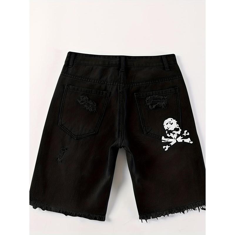 New-Stylish Skull Graphic Ripped Denim Shorts - Men's Casual Cotton Blend Jorts with Pockets for Summer Outdoor Activities, Comfortable and Breathable Menswear Jeans Polyester Print