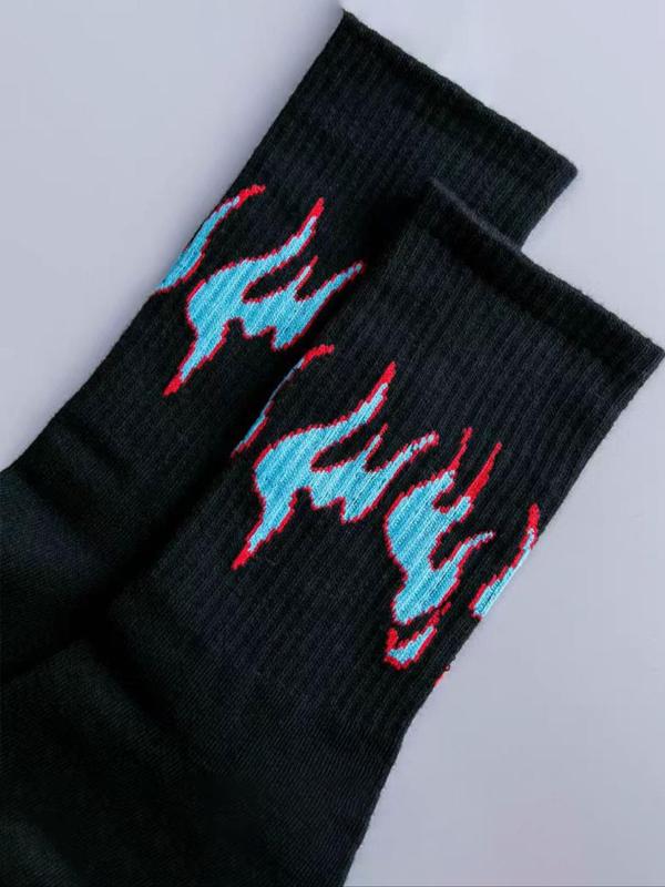 Men's Fire Print Crew Socks, Casual Comfortable Breathable Mid-calf Socks for Daily Wear, Menswear for All Seasons